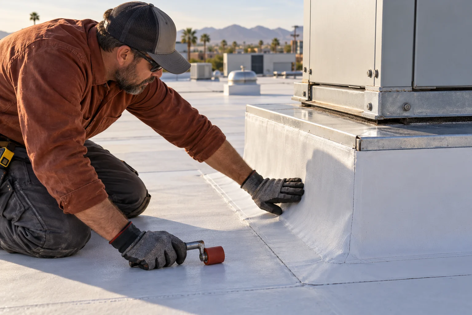Roofer examining membrane flashing at a commercial rooftop equipment curb