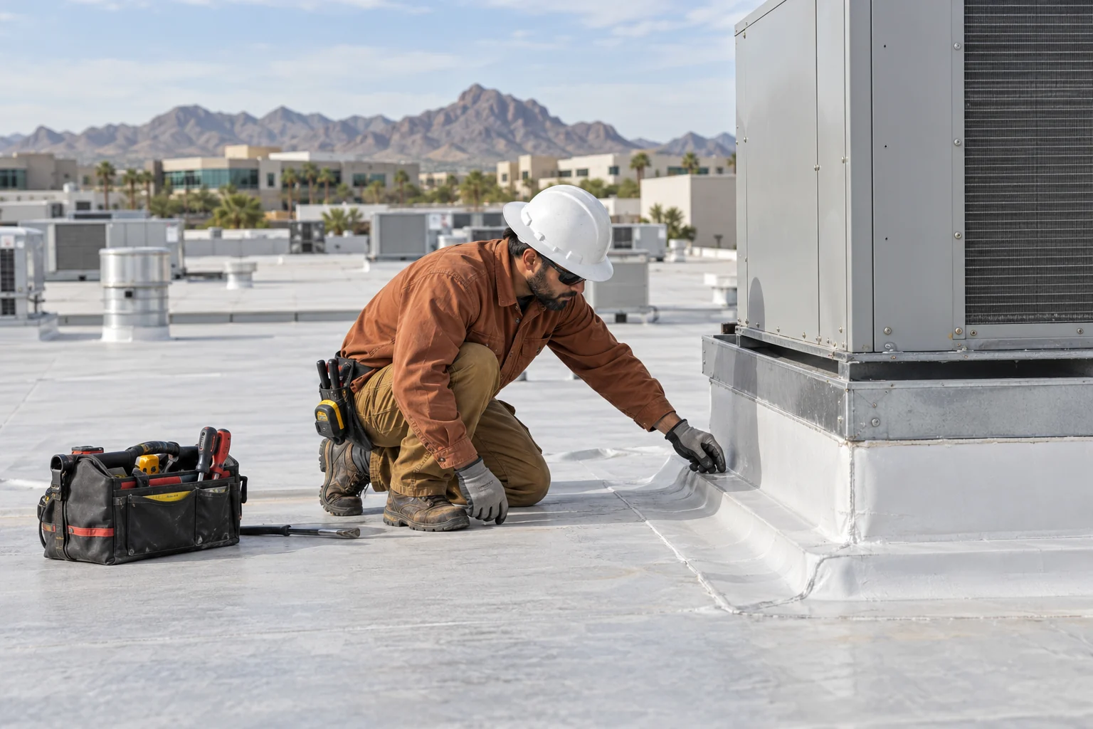 Technician checking flashing at the base of a rooftop HVAC unit
