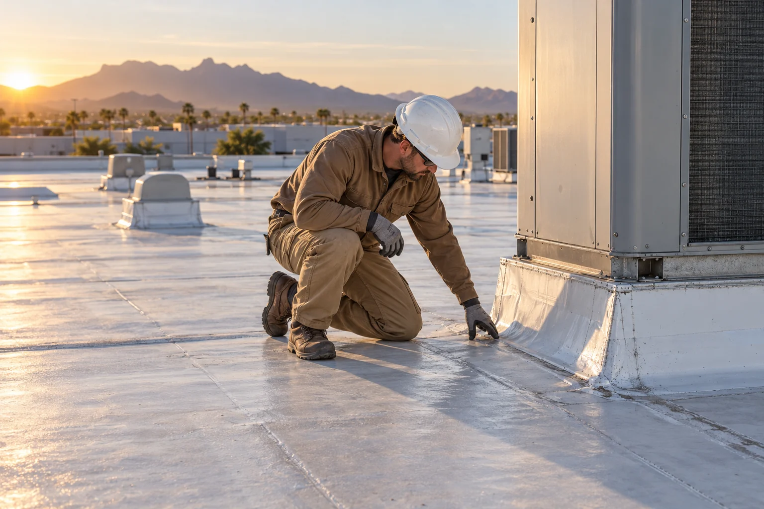 Roof technician inspecting a commercial roof membrane beside an equipment curb