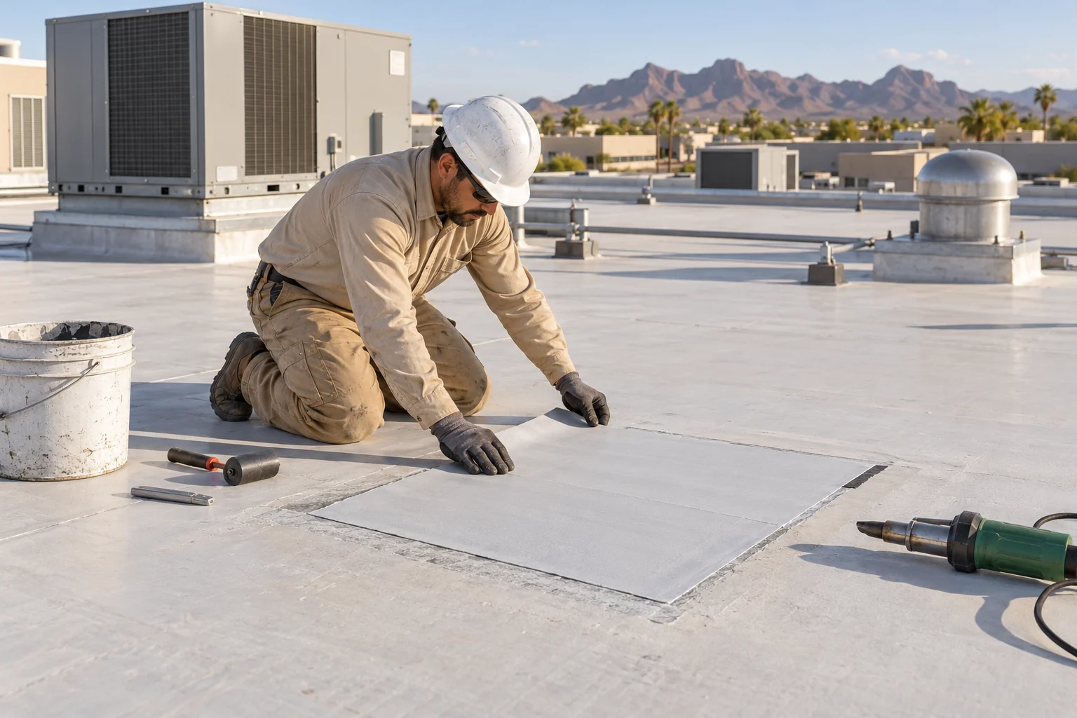 Roofer preparing a membrane repair patch on a commercial low-slope roof