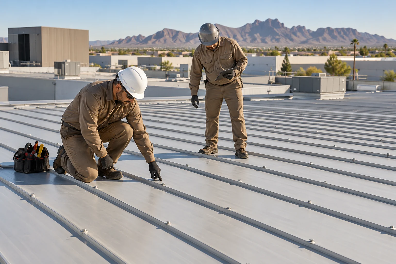 Roof technicians examining connections on a commercial metal roof