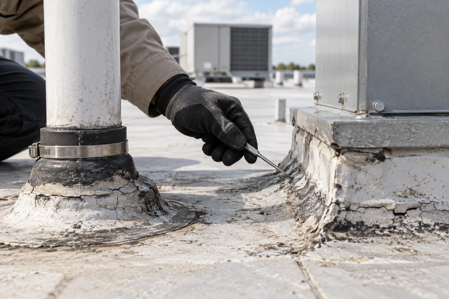 Inspection of a weathered joint beside rooftop equipment